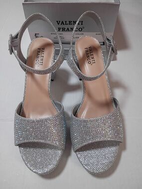 Valenti Franco Silver Glitter Ankle-Strap Women's Heels Size 9